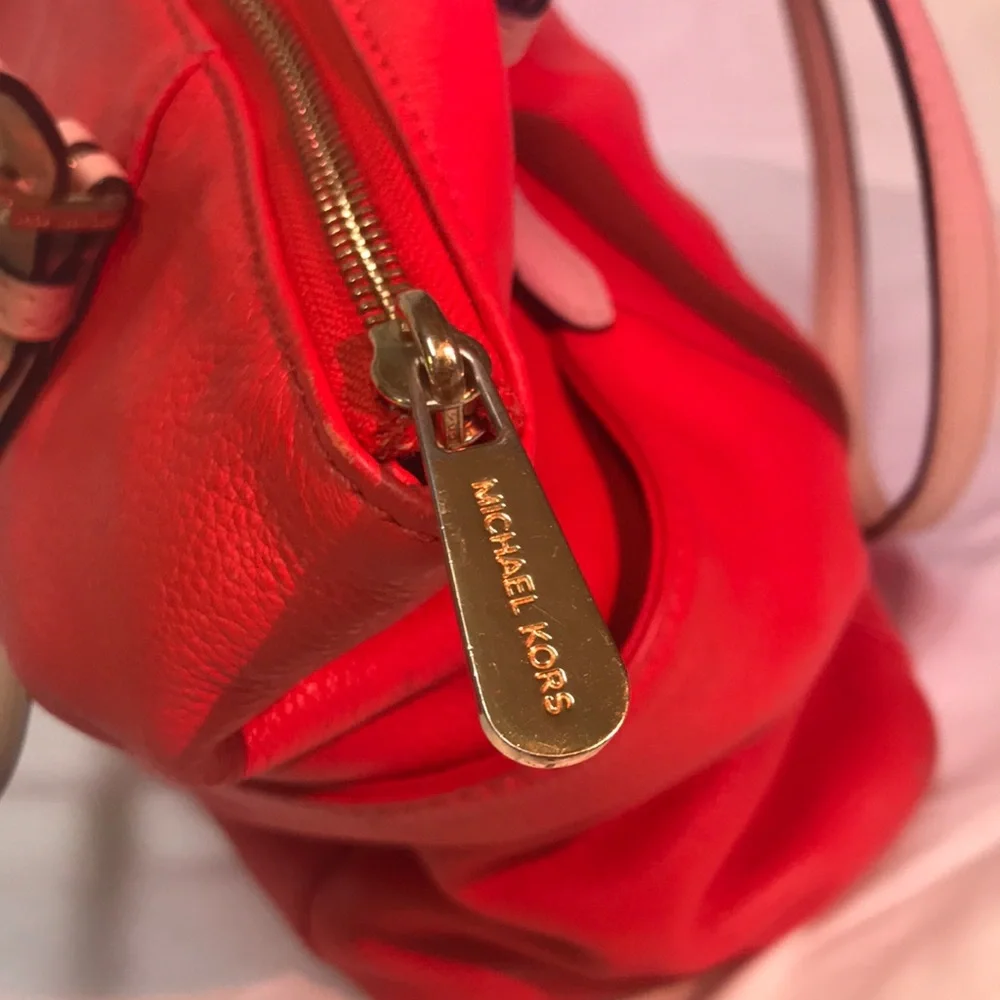 Michael Kors Coral Leather Tote Bag with Gold MK Charm
